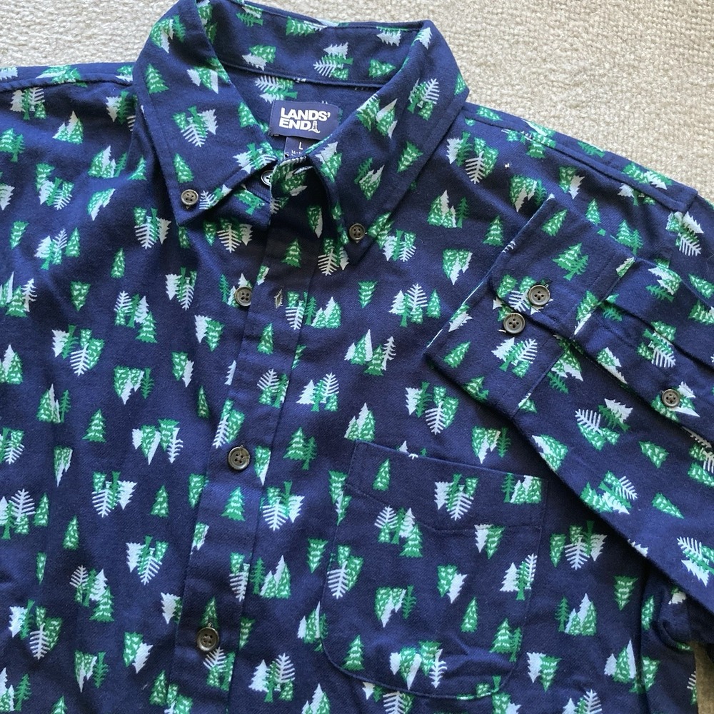 Lands End Shirt Mens Large All Over Print Trees‎ Button Down Blue